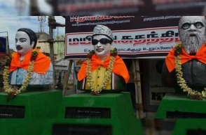 Saffron clothes tied to busts of Anna, MGR and Periyar